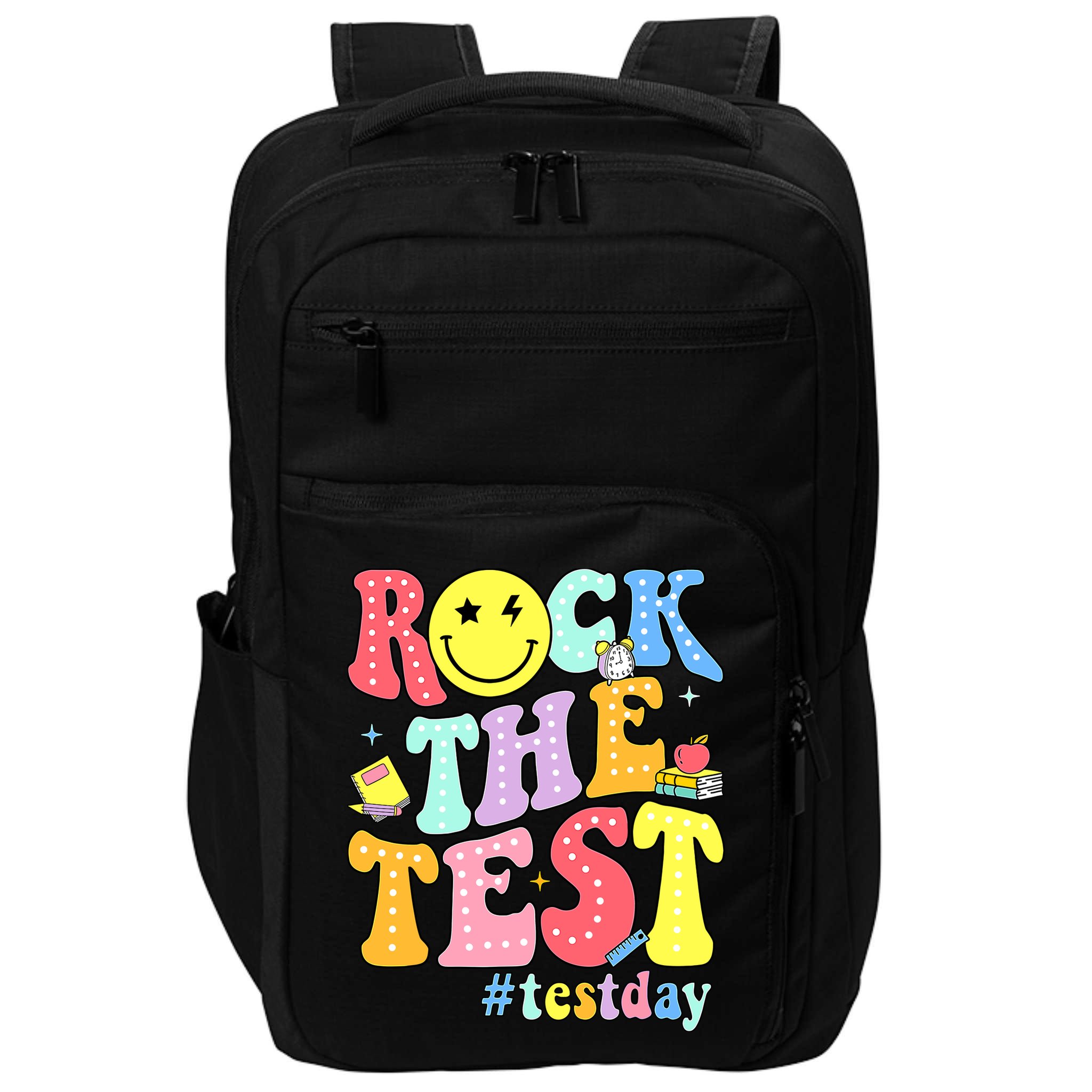 Rock The Test Testing Day Retro Motivational Teacher Student Impact Tech Backpack
