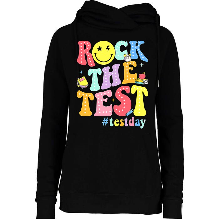 Rock The Test Testing Day Retro Motivational Teacher Student Womens Funnel Neck Pullover Hood