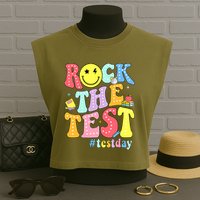Rock The Test Testing Day Retro Motivational Teacher Student Garment-Dyed Women's Muscle Tee