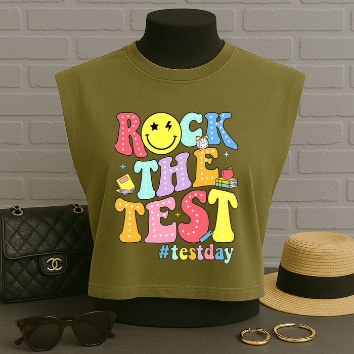Rock The Test Testing Day Retro Motivational Teacher Student Garment-Dyed Women's Muscle Tee