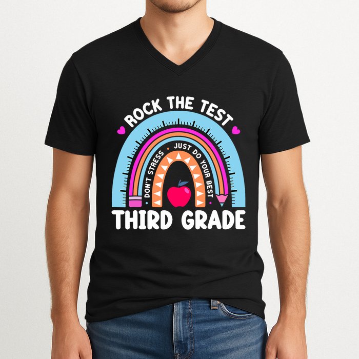 Rock The Test Day 3Rd Grade Teacher Third Grade Testing Day V-Neck T-Shirt