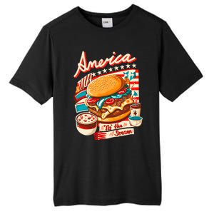 Retro Tis The Season Hamburger America 4th Of July Patriotic Great Gift Tall Fusion ChromaSoft Performance T-Shirt