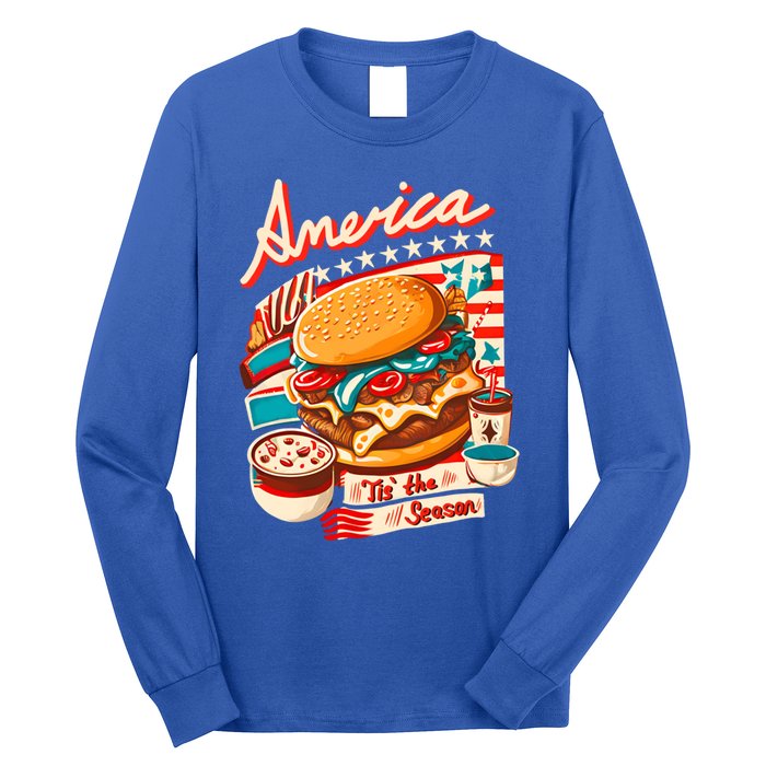 Retro Tis The Season Hamburger America 4th Of July Patriotic Great Gift Long Sleeve Shirt