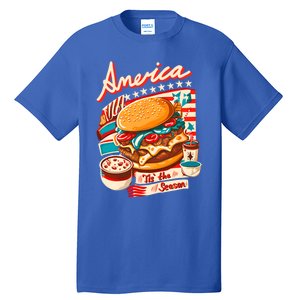 Retro Tis The Season Hamburger America 4th Of July Patriotic Great Gift Tall T-Shirt