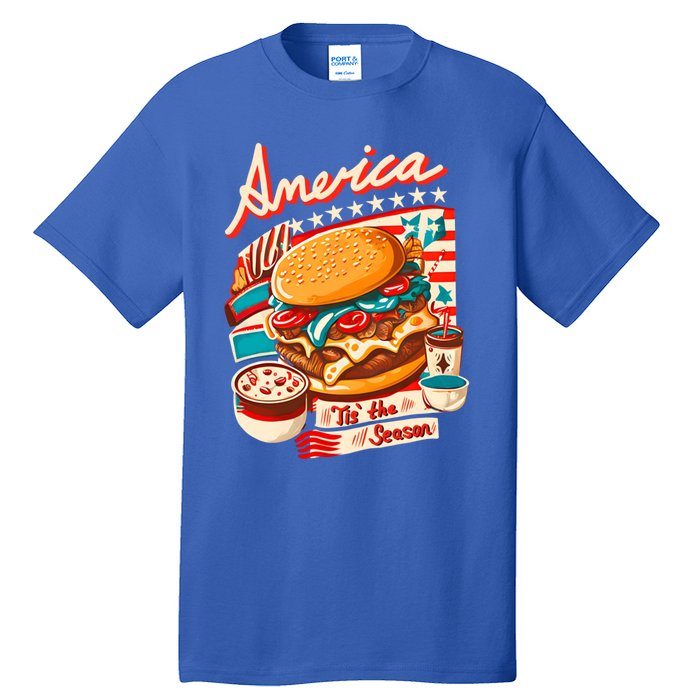 Retro Tis The Season Hamburger America 4th Of July Patriotic Great Gift Tall T-Shirt