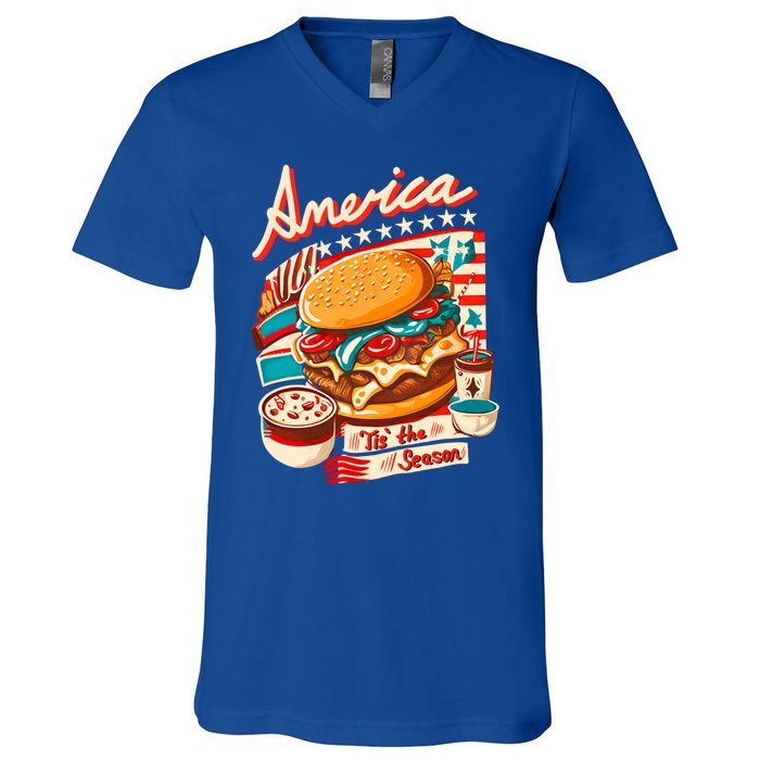 Retro Tis The Season Hamburger America 4th Of July Patriotic Great Gift V-Neck T-Shirt