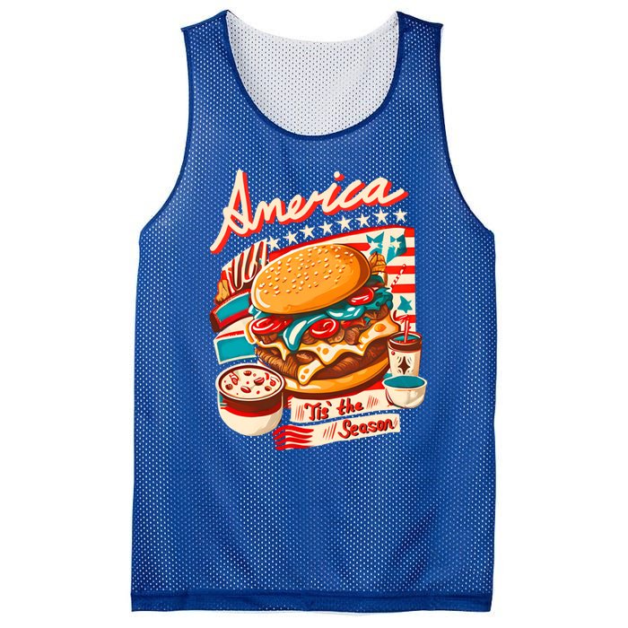 Retro Tis The Season Hamburger America 4th Of July Patriotic Great Gift Mesh Reversible Basketball Jersey Tank