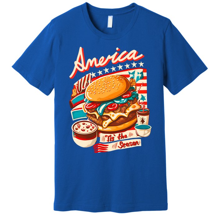 Retro Tis The Season Hamburger America 4th Of July Patriotic Great Gift Premium T-Shirt