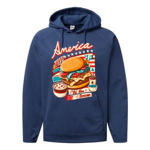 Retro Tis The Season Hamburger America 4th Of July Patriotic Great Gift Performance Fleece Hoodie