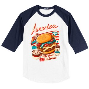 Retro Tis The Season Hamburger America 4th Of July Patriotic Great Gift Baseball Sleeve Shirt