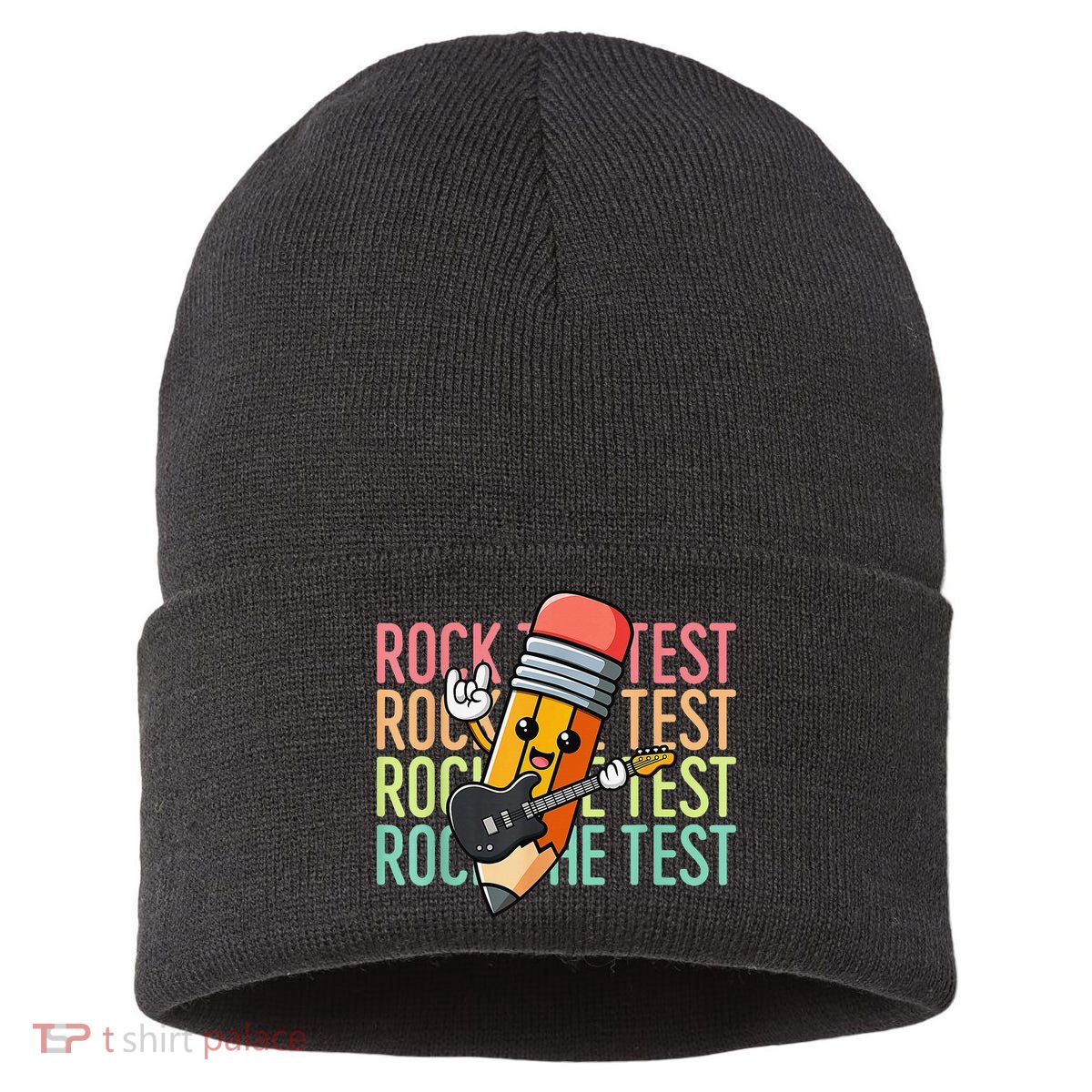 Rock The Test Day Teacher Testing Day Motivational Funny Sustainable Knit Beanie