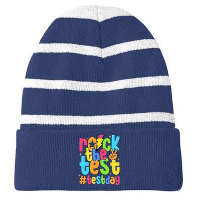 Rock The Test Testing Day Motivational Teacher Student Striped Beanie with Solid Band