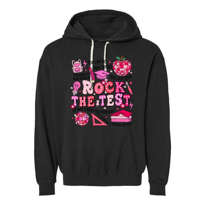 Rock The Test Testing Day Don't Stress Do Your Best Teach.er Garment-Dyed Fleece Hoodie