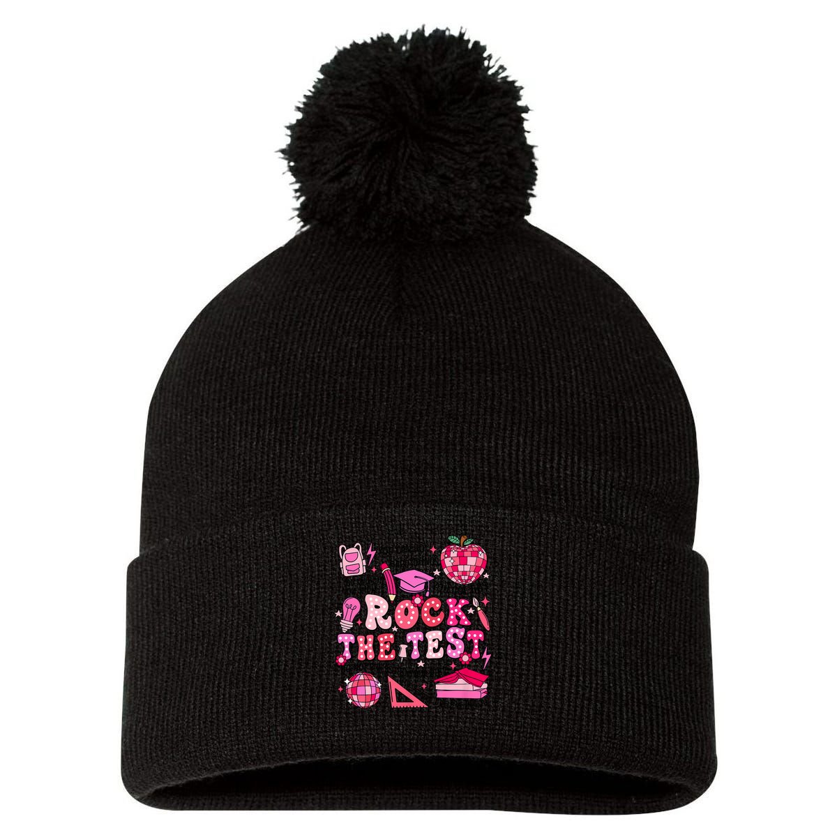 Rock The Test Testing Day Don't Stress Do Your Best Teach.er Pom Pom 12in Knit Beanie