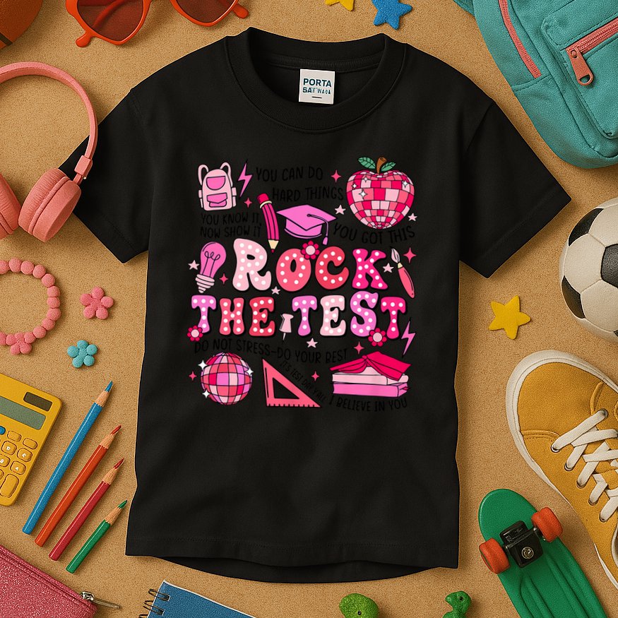 Rock The Test Testing Day Don't Stress Do Your Best Teach.er Kids T-Shirt