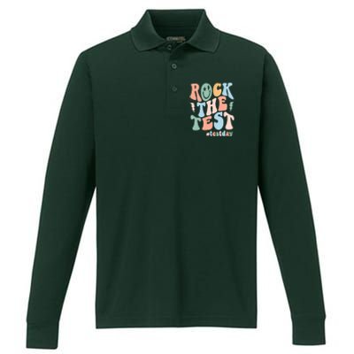 Rock The Test Testing Day Retro Motivational Teacher Student Performance Long Sleeve Polo