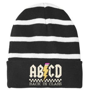 Retro Teacher Tour Abcd Back To School Classic Rock Striped Beanie with Solid Band