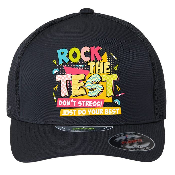 Rock The Test Day Motivational Retro Teachers Testing Day Flexfit Unipanel Trucker Cap