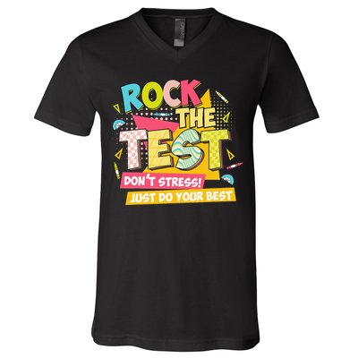 Rock The Test Day Motivational Retro Teachers Testing Day V-Neck T-Shirt