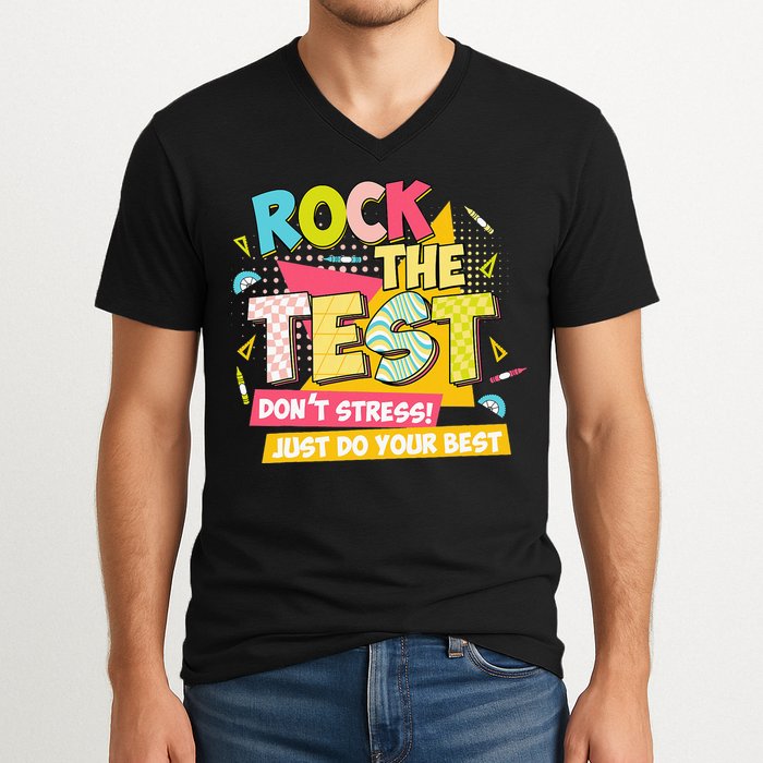 Rock The Test Day Motivational Retro Teachers Testing Day V-Neck T-Shirt