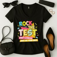 Rock The Test Day Motivational Retro Teachers Testing Day Women's V-Neck T-Shirt