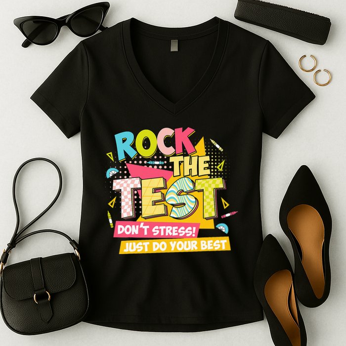 Rock The Test Day Motivational Retro Teachers Testing Day Women's V-Neck T-Shirt