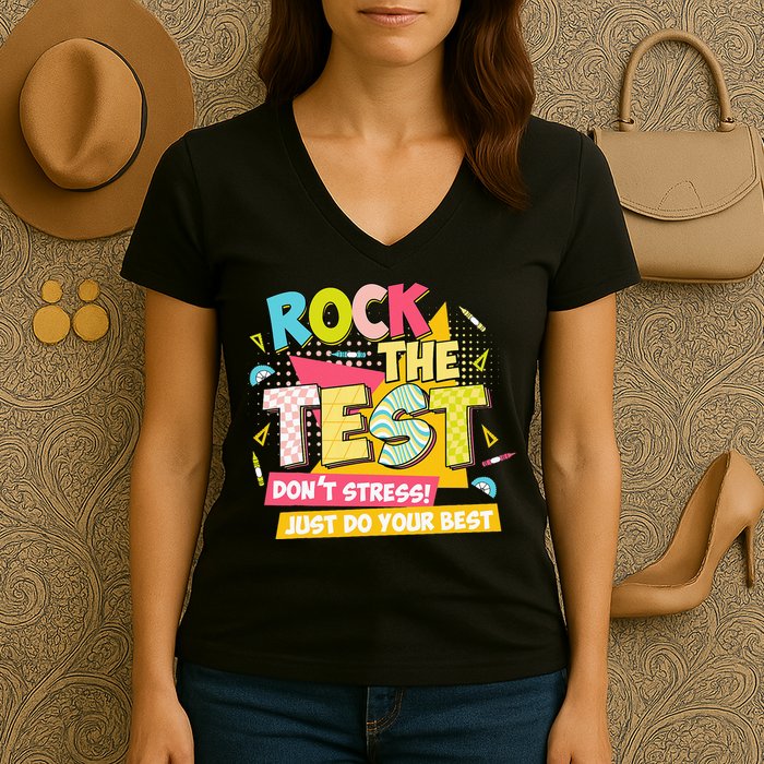 Rock The Test Day Motivational Retro Teachers Testing Day Women's V-Neck T-Shirt