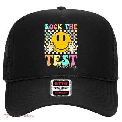 Rock The Test Testing Day Retro Smile Face Teacher Student High Crown Mesh Back Trucker Hat