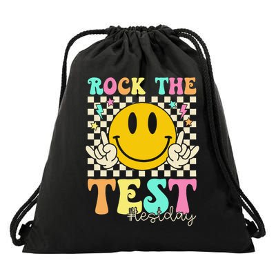 Rock The Test Testing Day Retro Smile Face Teacher Student Drawstring Bag