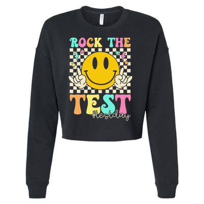 Rock The Test Testing Day Retro Smile Face Teacher Student Cropped Pullover Crew