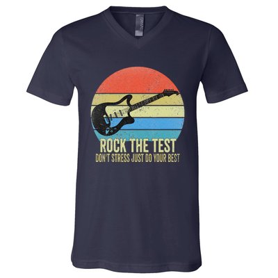 Rock The Test Dont Stress Test Day Funny Testing Day Teacher V-Neck T-Shirt