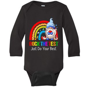 Rock The Test Funny Teacher Testing Day Rainbow Gnomes Baby Long Sleeve Bodysuit