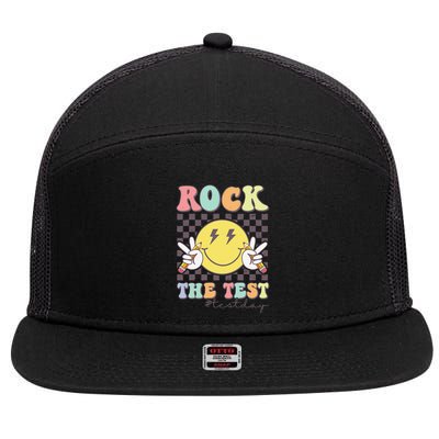 Rock The Test Testing Day Retro Motivational Teacher Student 7 Panel Mesh Trucker Snapback Hat