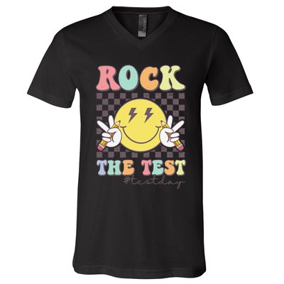 Rock The Test Testing Day Retro Motivational Teacher Student V-Neck T-Shirt