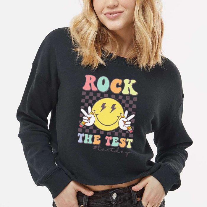 Rock The Test Testing Day Retro Motivational Teacher Student Cropped Pullover Crew
