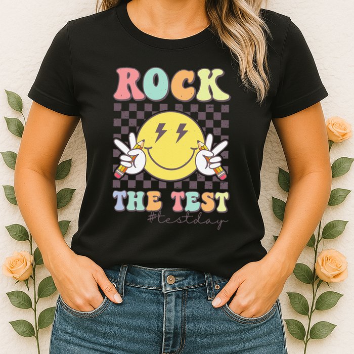 Rock The Test Testing Day Retro Motivational Teacher Student Womens T-Shirt