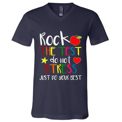 Rock The Test Teacher Test Day Testing Day Funny Teacher V-Neck T-Shirt