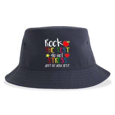 Rock The Test Teacher Test Day Testing Day Funny Teacher Sustainable Bucket Hat