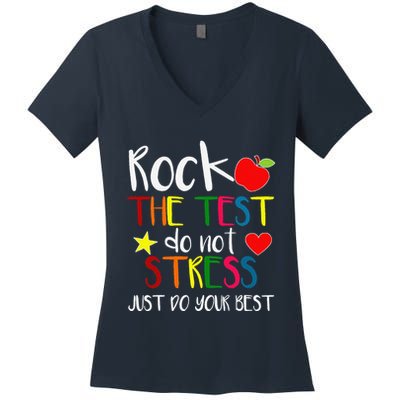 Rock The Test Teacher Test Day Testing Day Funny Teacher Women's V-Neck T-Shirt