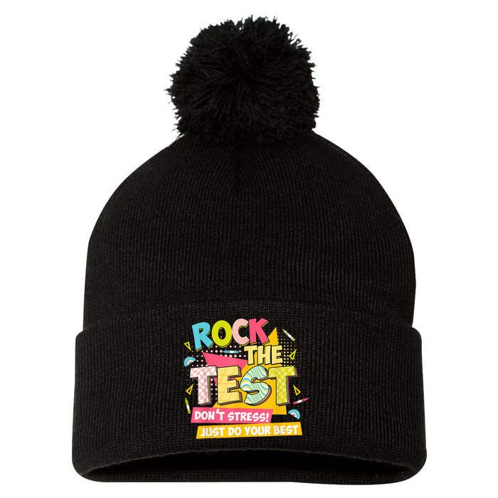 Rock The Test Day Motivational Retro Teachers Testing Day Pom Pom 12in Knit Beanie