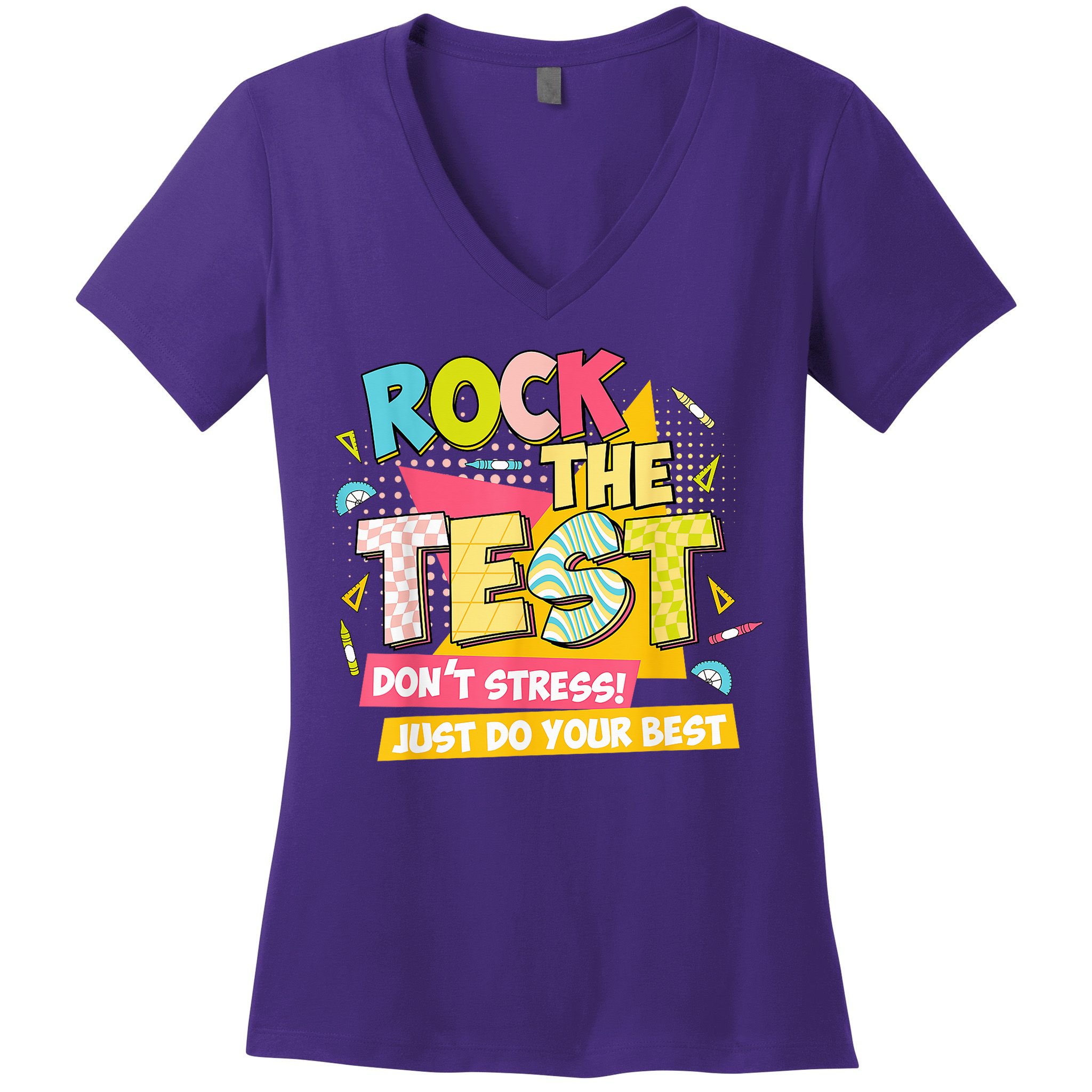 Rock The Test Day Motivational Retro Teachers Testing Day Women's V-Neck T-Shirt