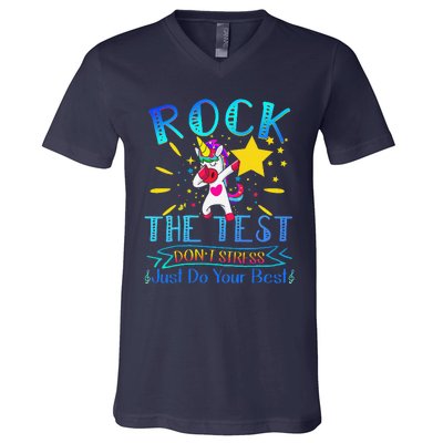 Rock The Test Teacher Test Day Testing Day Funny Teacher V-Neck T-Shirt