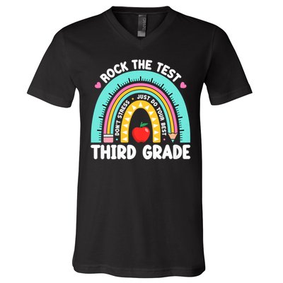 Rock The Test Day 3rd Grade Teach.er Third Grade Testing Day V-Neck T-Shirt
