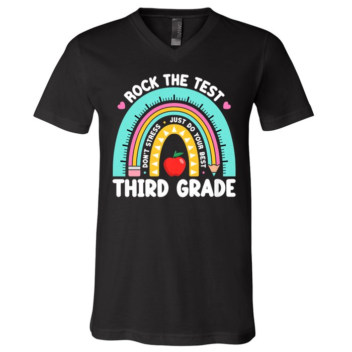 Rock The Test Day 3rd Grade Teach.er Third Grade Testing Day V-Neck T-Shirt