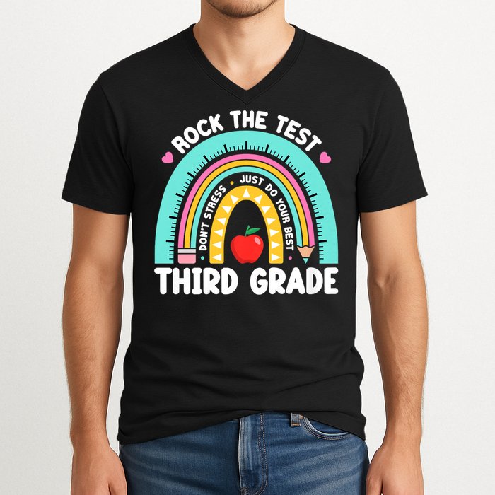 Rock The Test Day 3rd Grade Teach.er Third Grade Testing Day V-Neck T-Shirt
