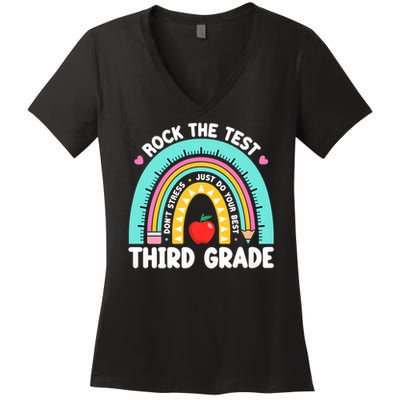Rock The Test Day 3rd Grade Teach.er Third Grade Testing Day Women's V-Neck T-Shirt