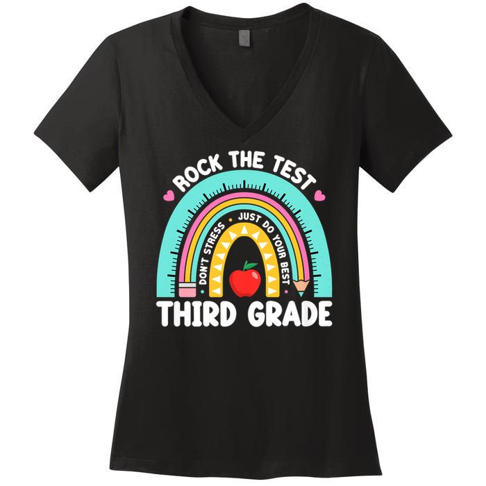 Rock The Test Day 3rd Grade Teach.er Third Grade Testing Day Women's V-Neck T-Shirt
