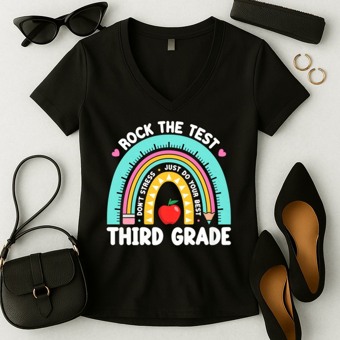 Rock The Test Day 3rd Grade Teach.er Third Grade Testing Day Women's V-Neck T-Shirt