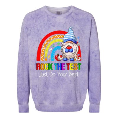 Rock The Test Funny Teacher Testing Day Rainbow Gnomes Colorblast Crewneck Sweatshirt