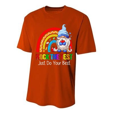 Rock The Test Funny Teacher Testing Day Rainbow Gnomes Performance Sprint T-Shirt